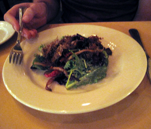 crispy duck salad with wild mushrooms, sun dried tomatoes and roasted pine nuts at fabio viviani's firenze osteria